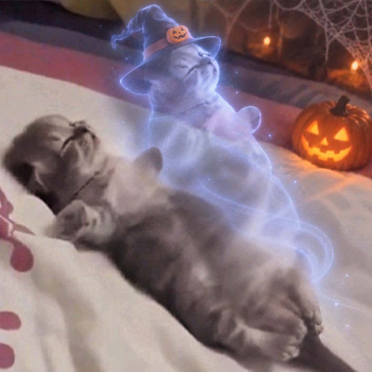 A ghostly black cat wearing a witch hat